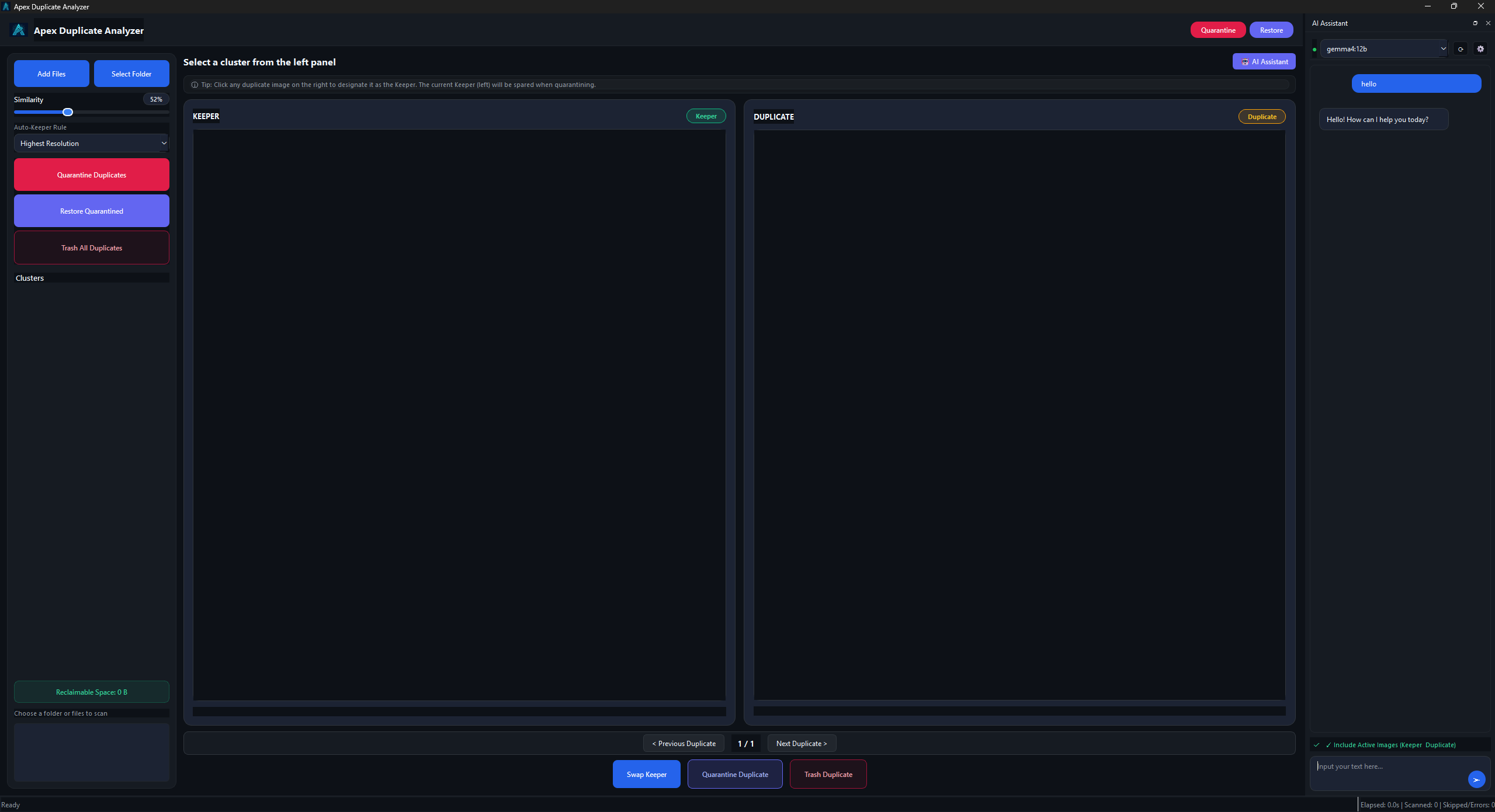 Apex Duplicate Analyzer side-by-side inspection workspace and AI assistant
